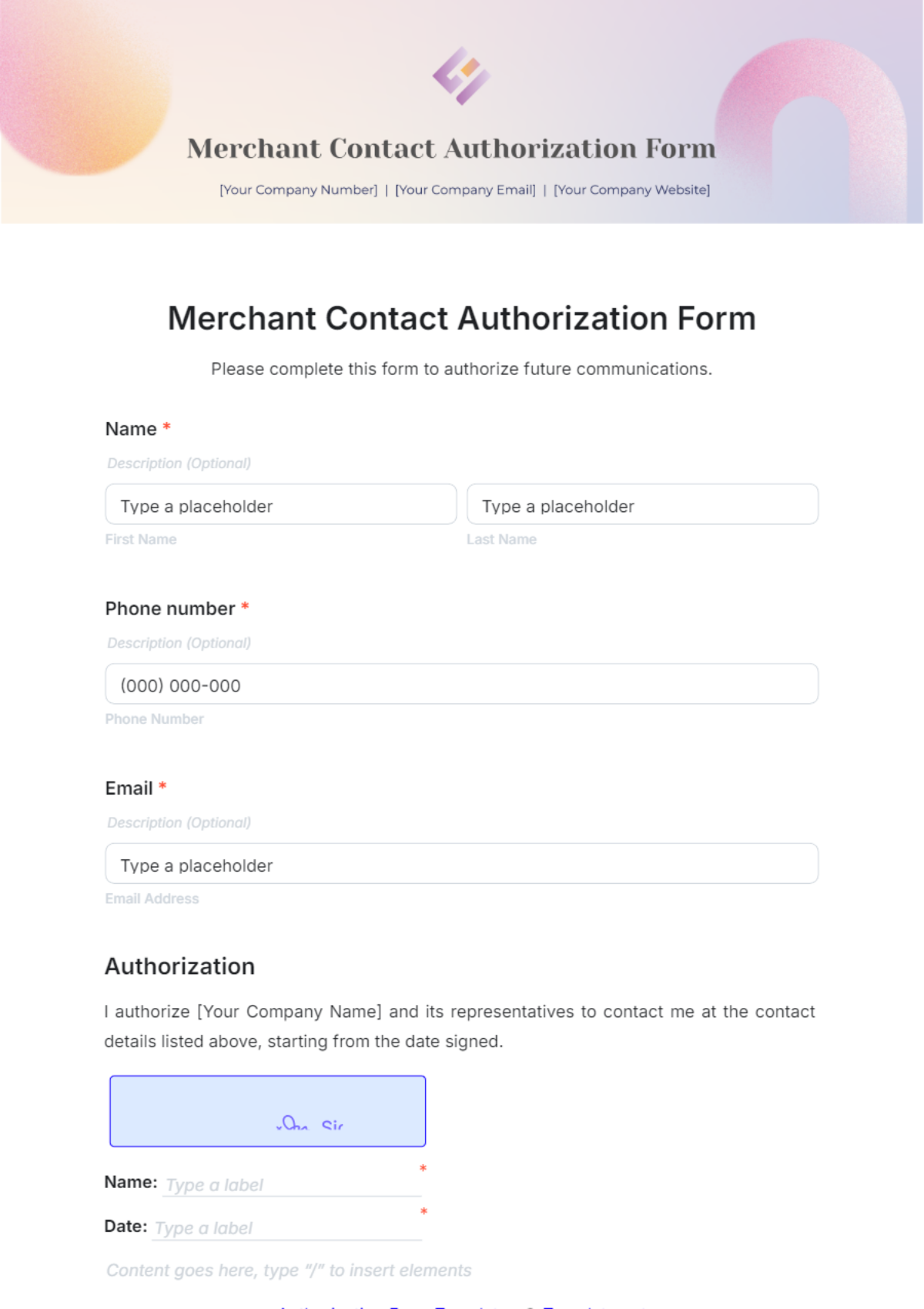 Free Merchant Contact Authorization Form Template