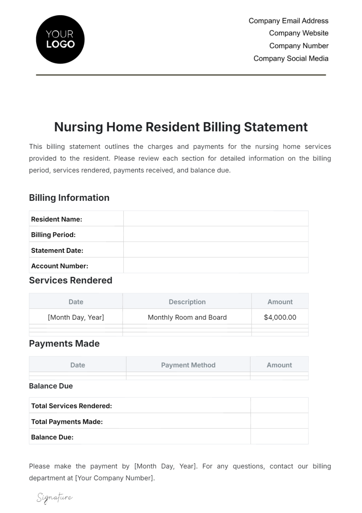 Nursing Home Resident Billing Statement Template