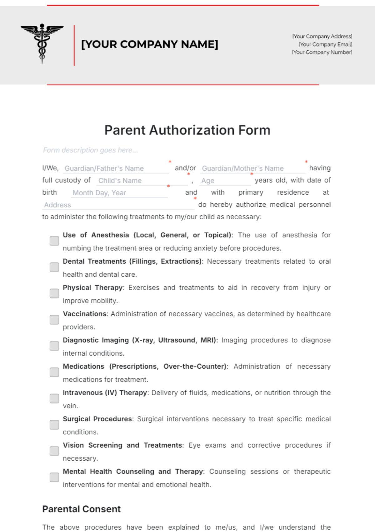 Free Parent Authorization Form Template