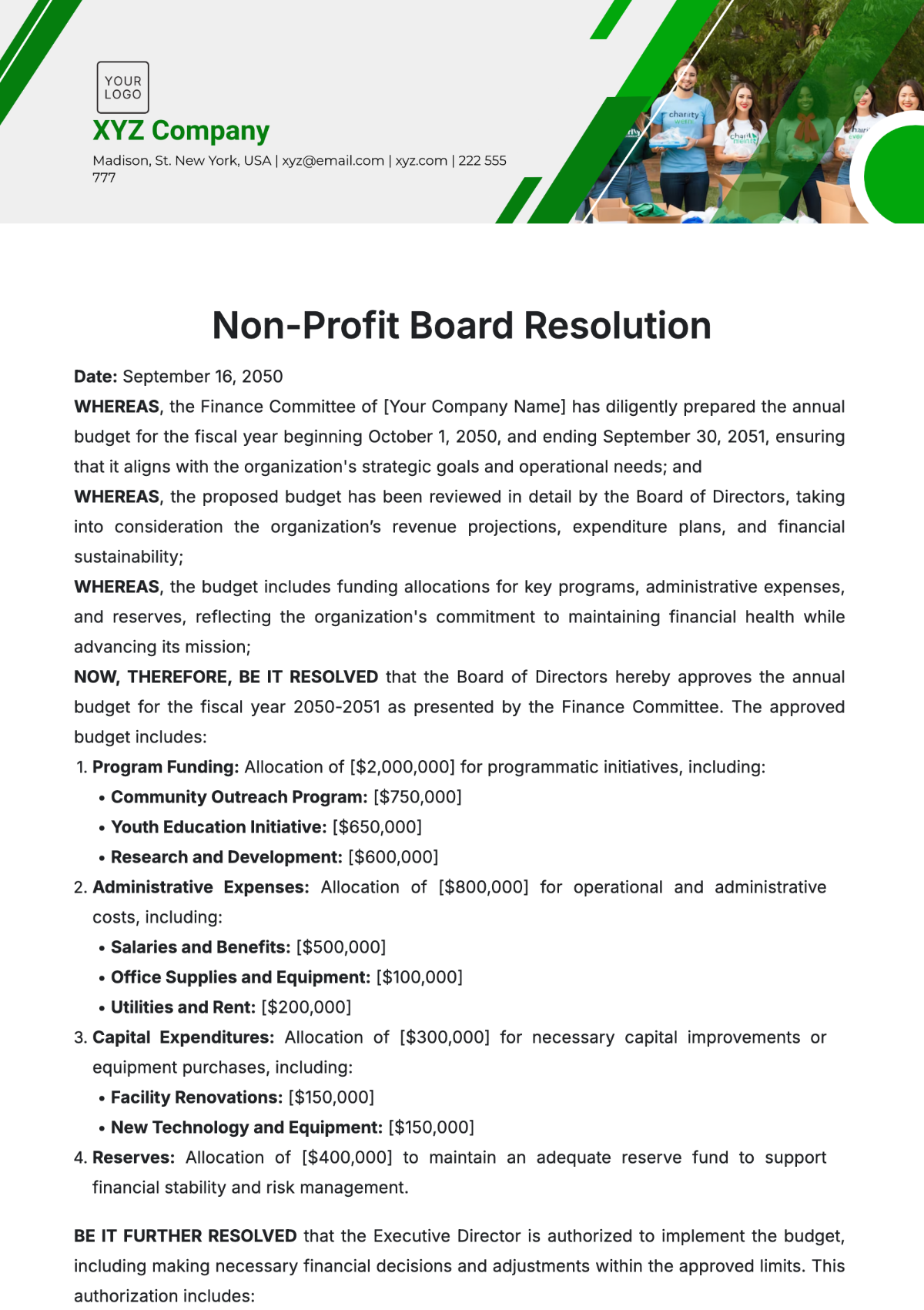 Non-Profit Board Resolution Template