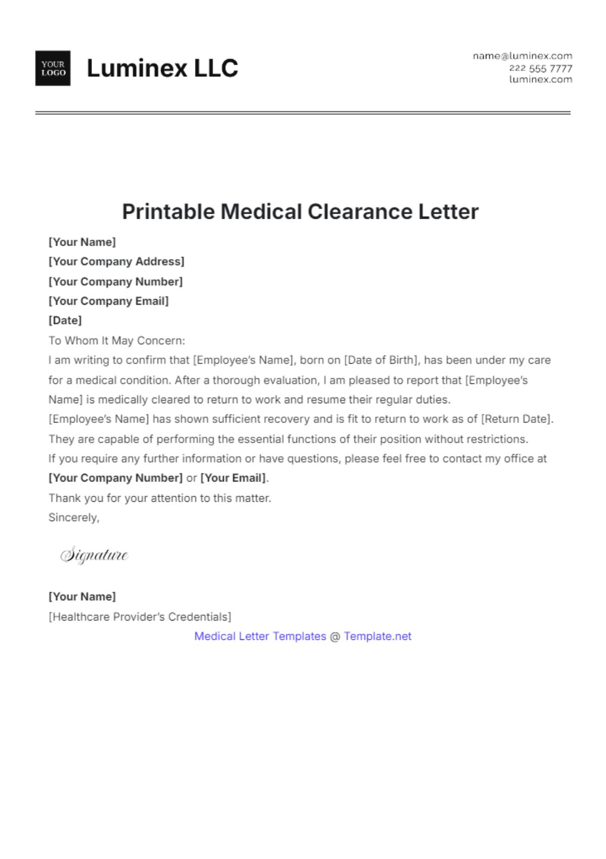 Printable Medical Clearance Letter Template - Edit Online & Download