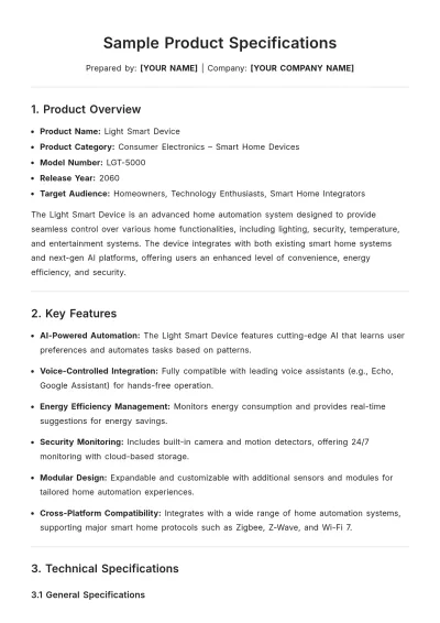 Free Sample Product Specifications Template to Edit Online