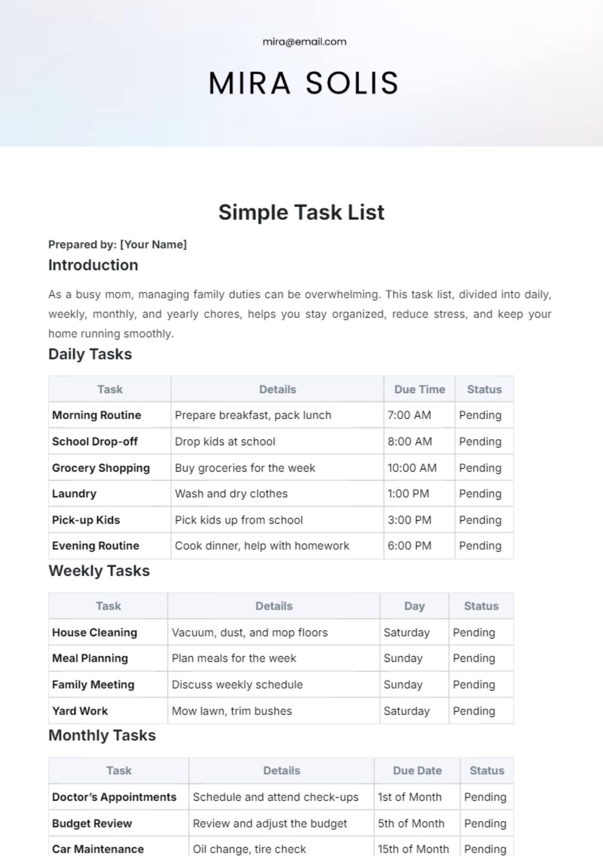 Free Simple Task List Template to Edit Online