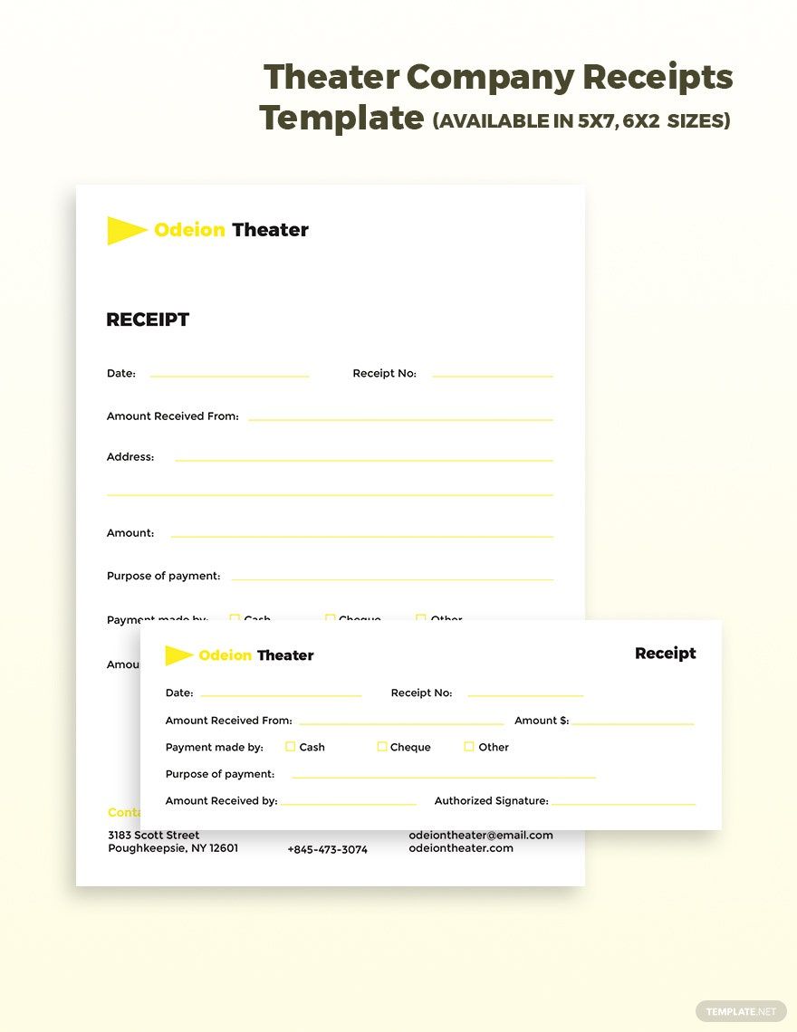 Theater Company Receipts Template in Word, Google Docs, Google Sheets, Illustrator, PSD, Apple Pages, Publisher, InDesign