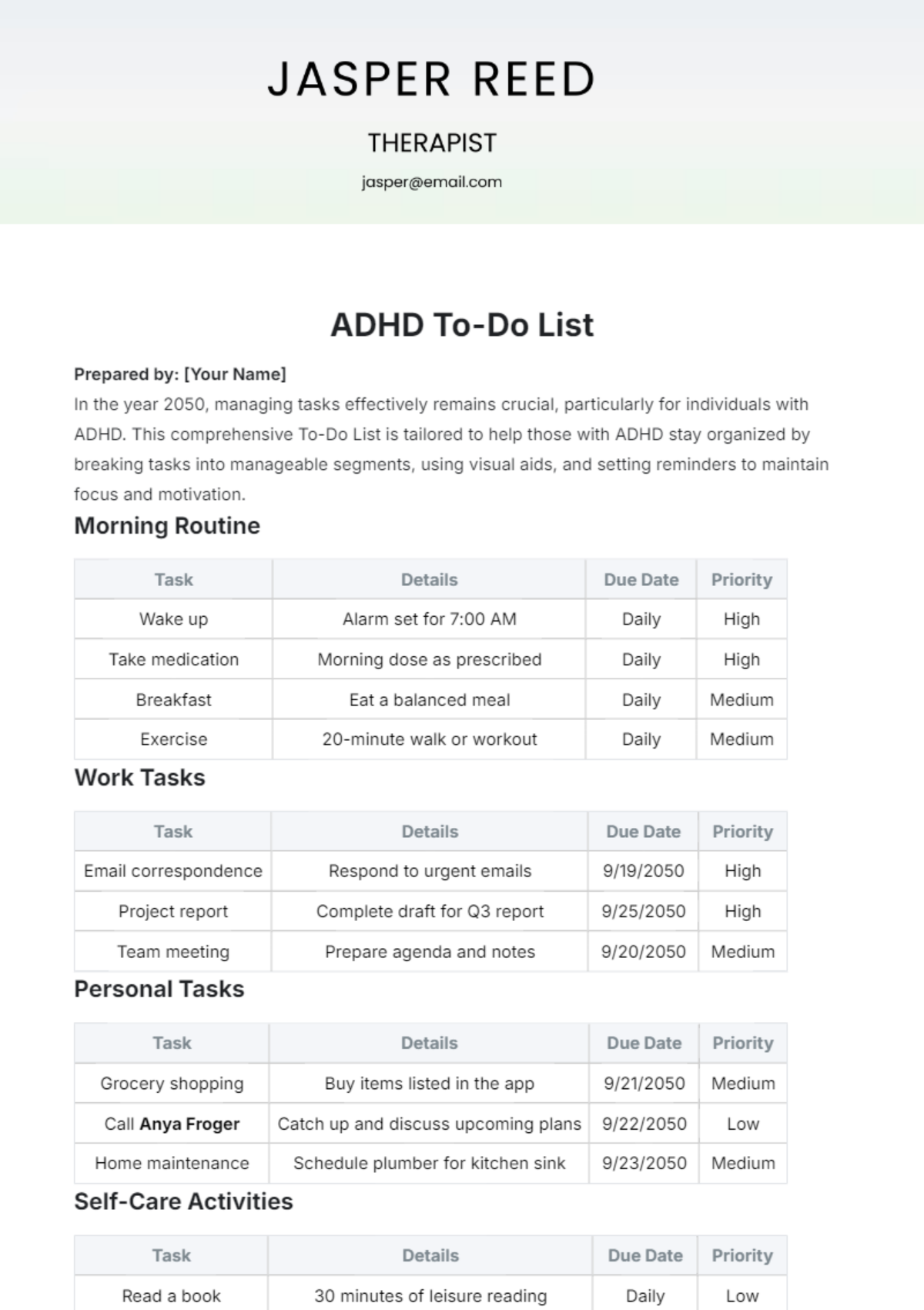 ADHD To Do List Template