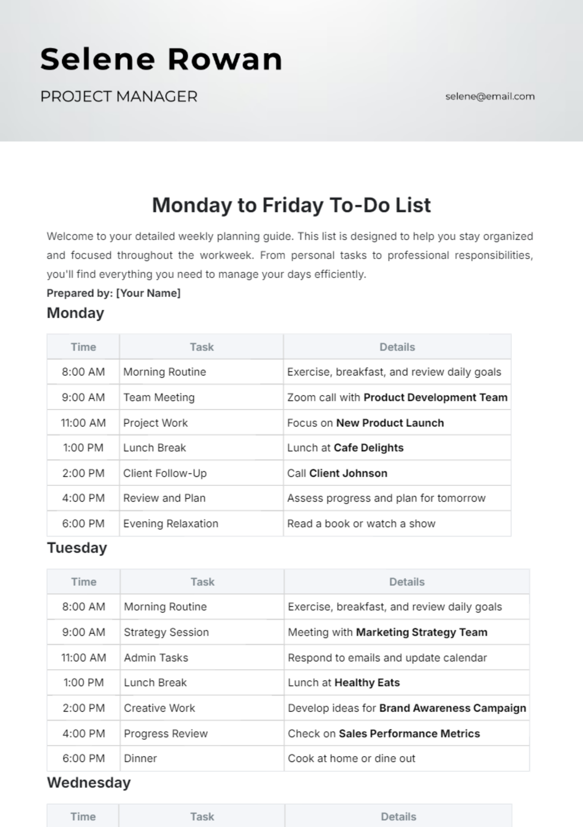 Monday To Friday To Do List Template