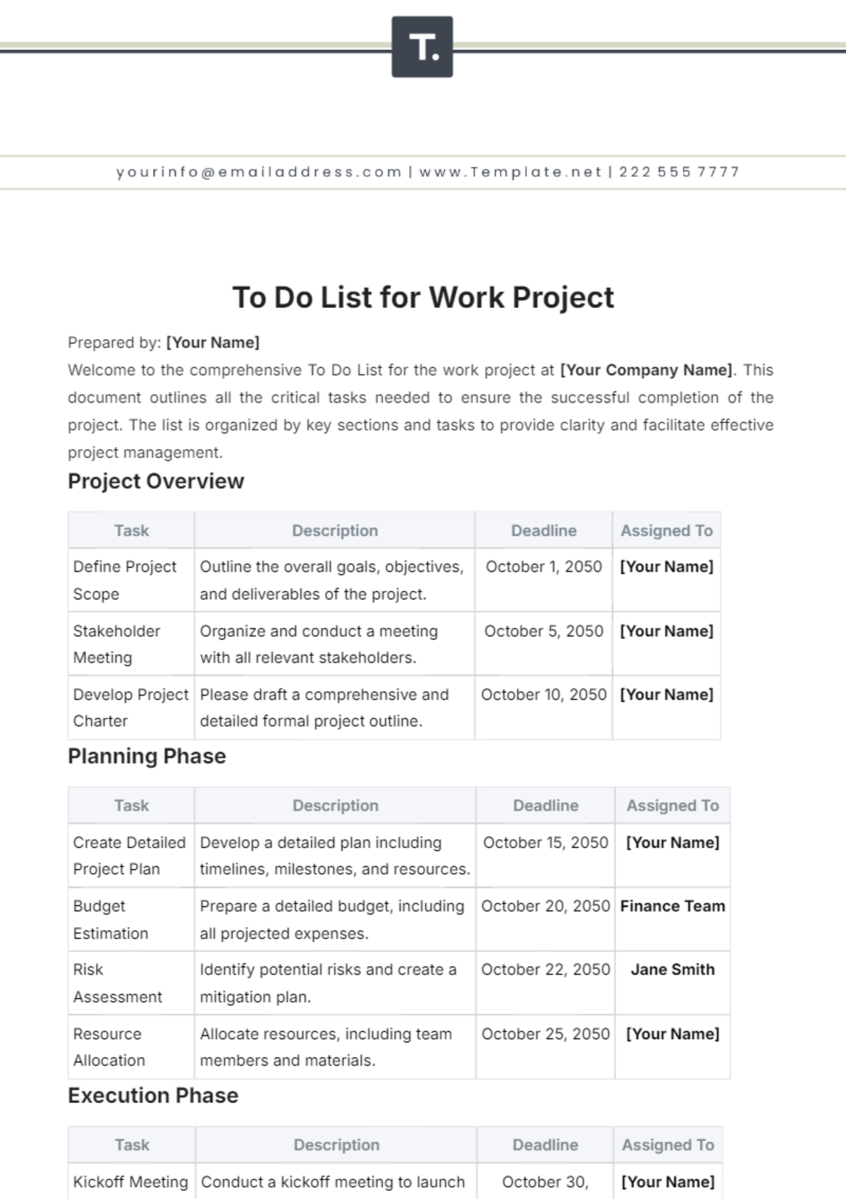 To Do List for Work Project Template