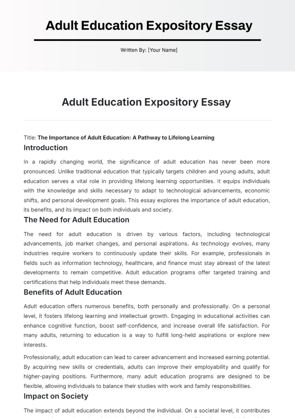 Adult Education Expository Essay Template - Edit Online & Download