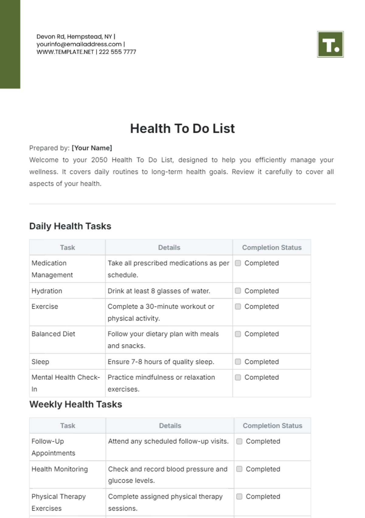 Health To Do List Template