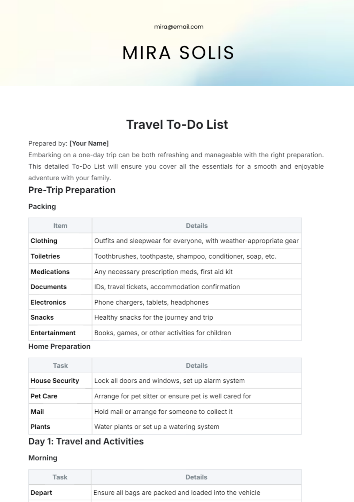 Travel To Do List Template