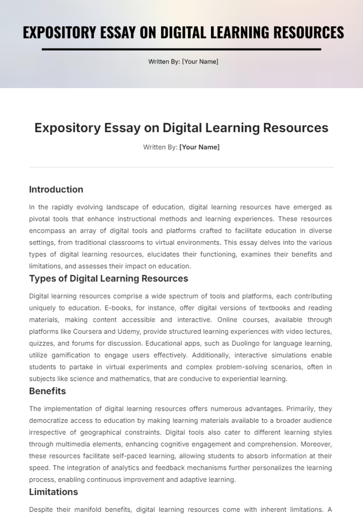 Expository Essay on Digital Learning Resources Template