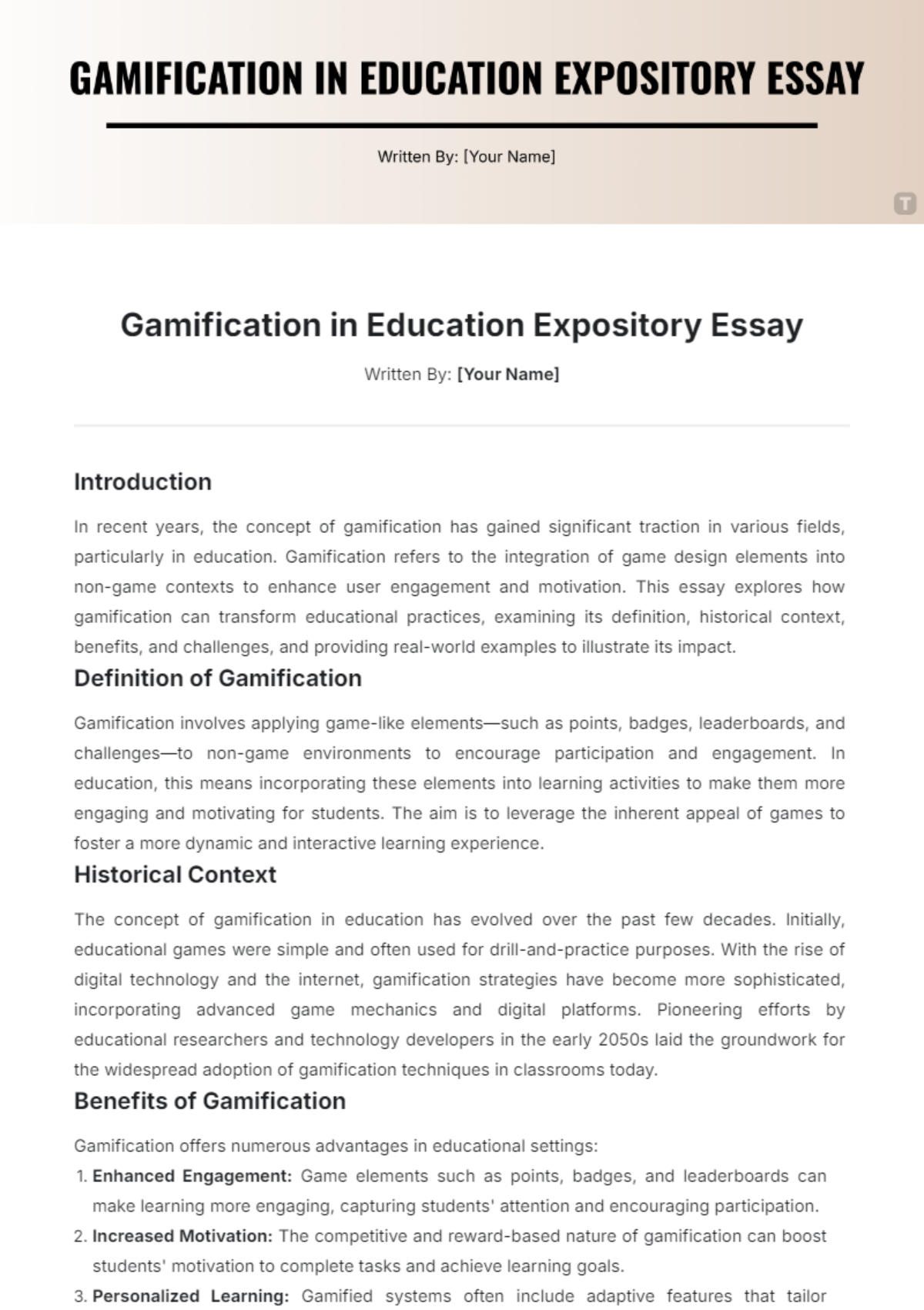 Gamification in Education Expository Essay Template