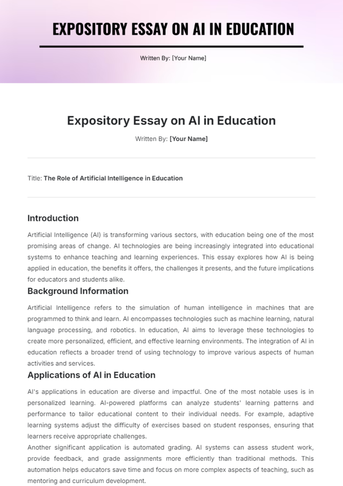 Expository Essay on AI in Education Template