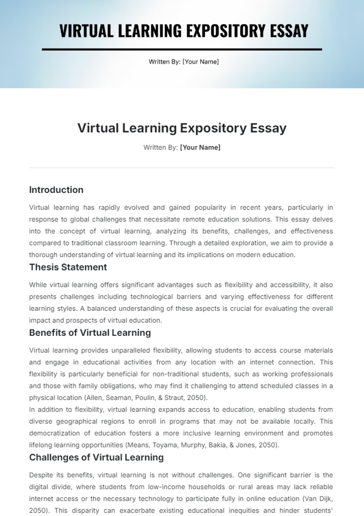 Virtual Learning Expository Essay Template