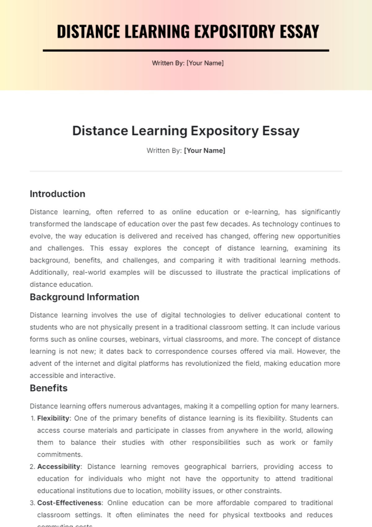 Distance Learning Expository Essay Template