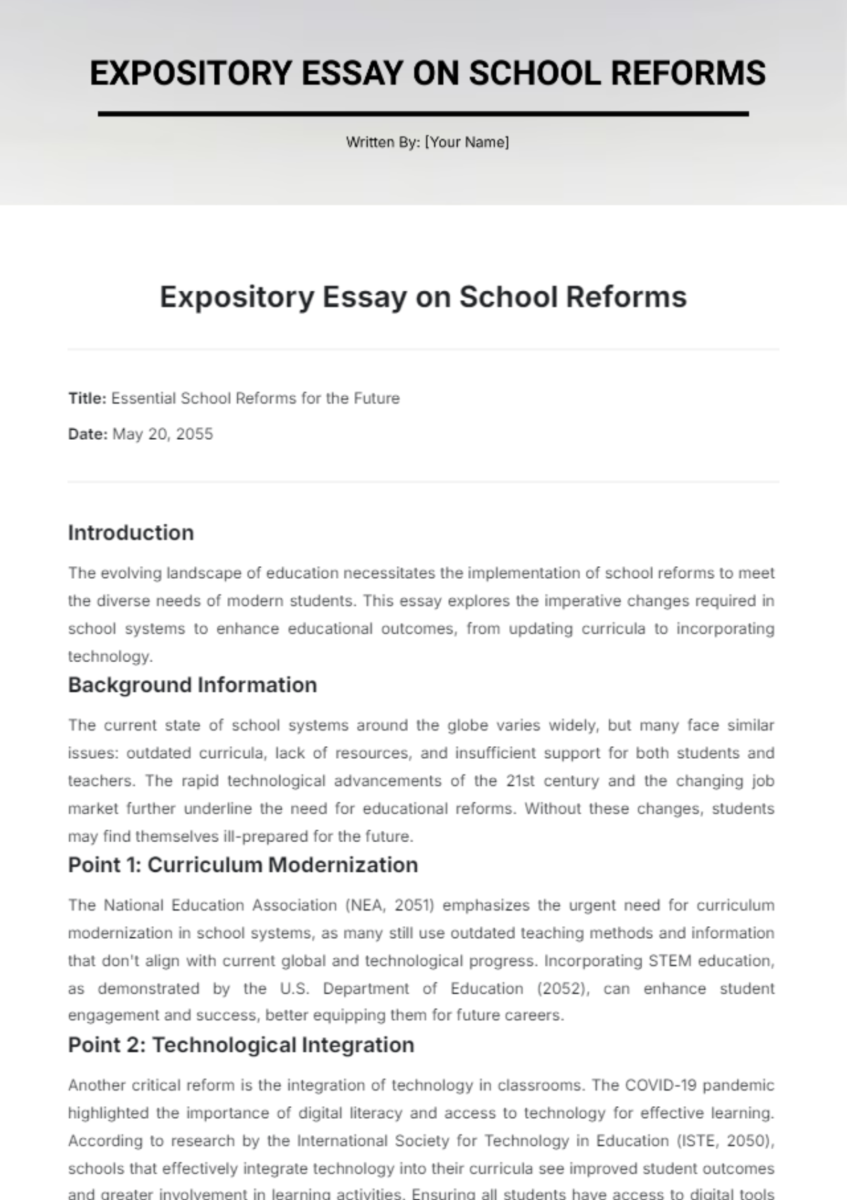 Expository Essay on School Reforms Template - Edit Online & Download