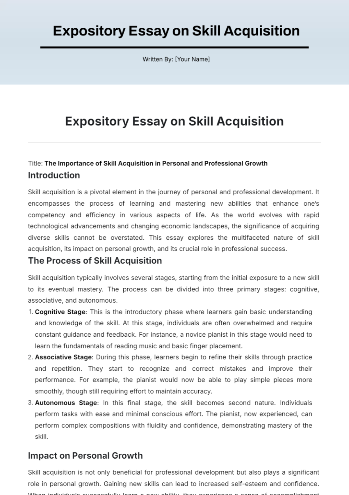 Expository Essay on Skill Acquisition Template - Edit Online & Download