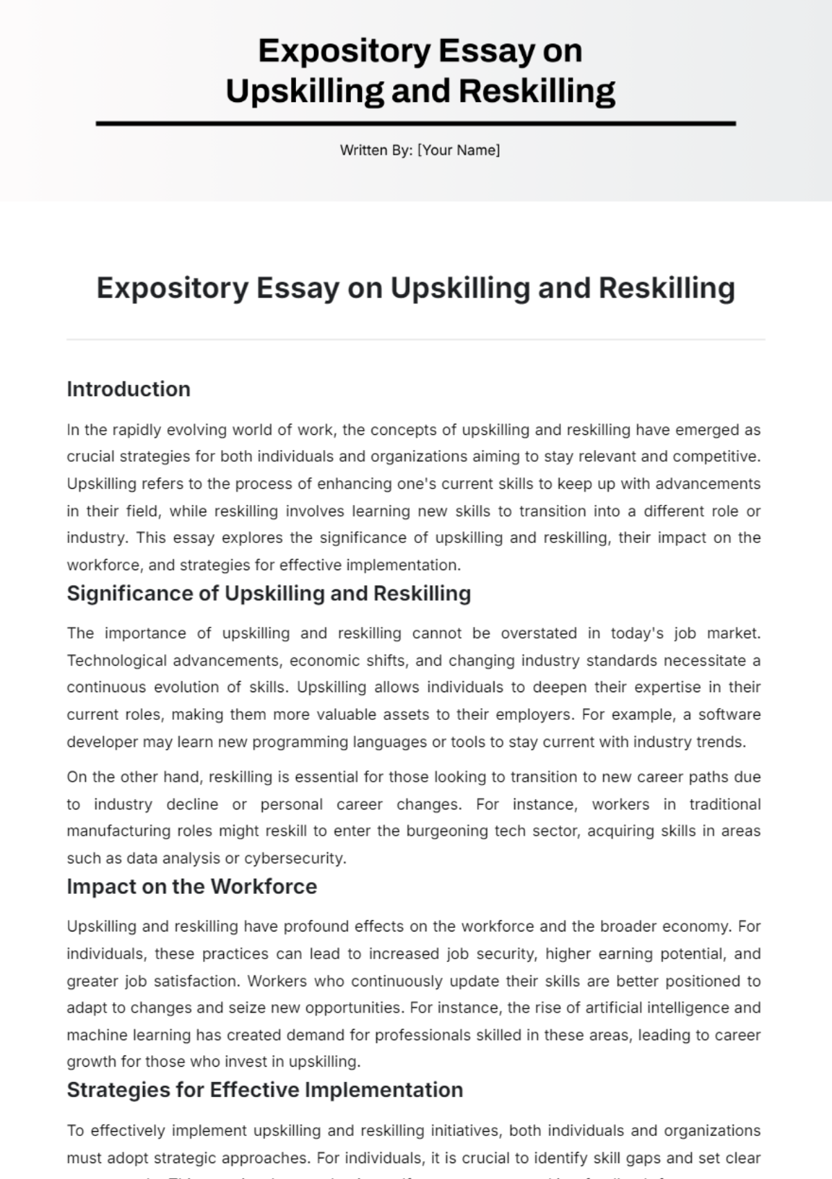 Expository Essay on Upskilling and Reskilling Template