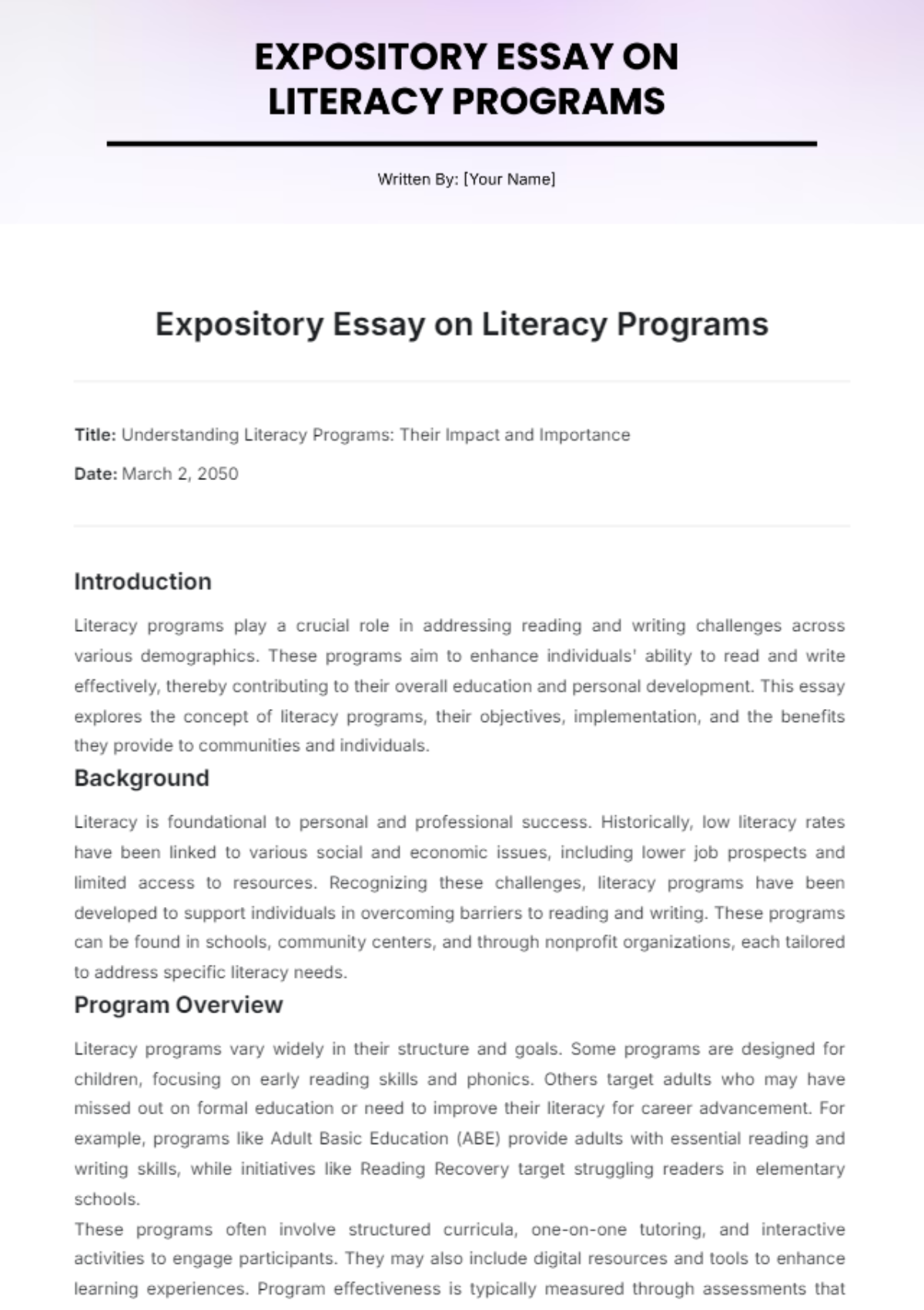 Expository Essay on Literacy Programs Template - Edit Online & Download