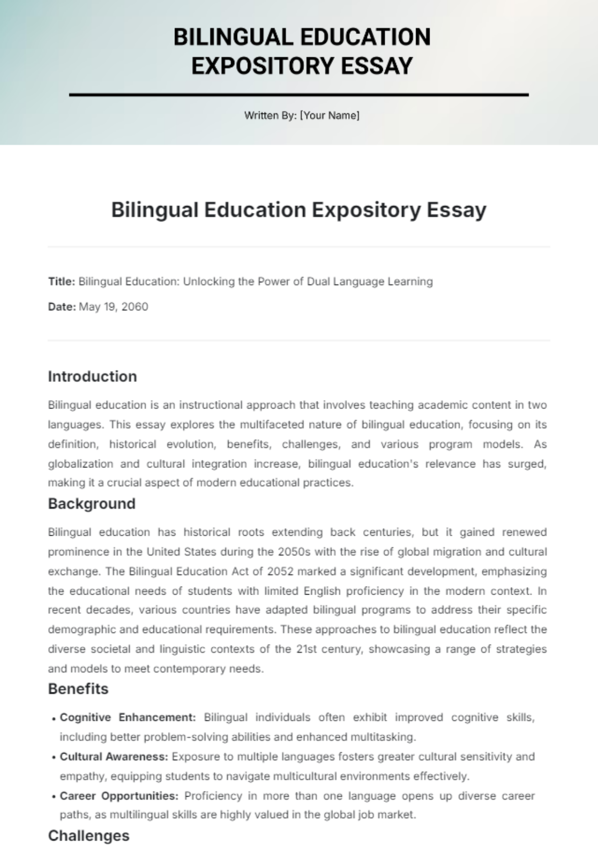 Bilingual Education Expository Essay Template - Edit Online & Download