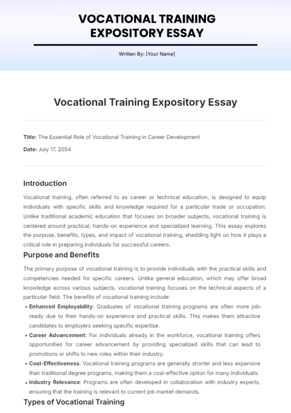 Vocational Training Expository Essay Template - Edit Online & Download