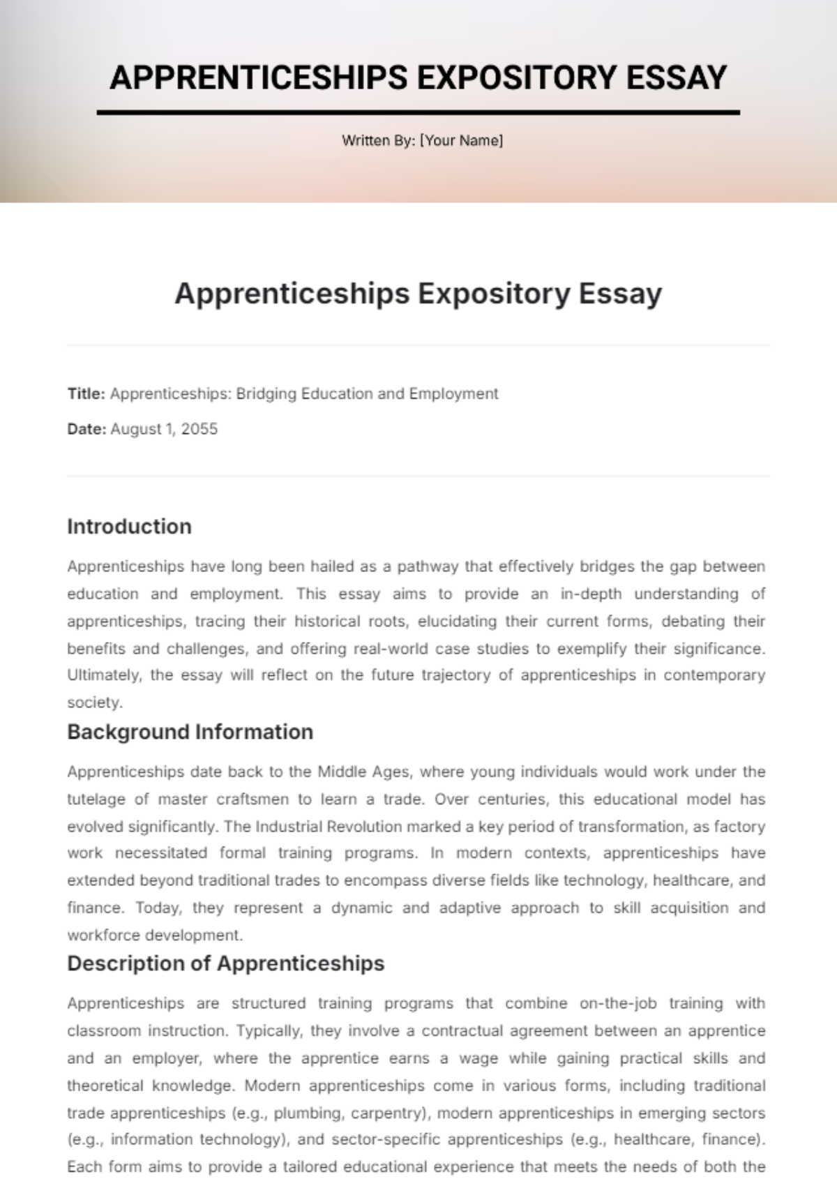 Apprenticeships Expository Essay Template - Edit Online & Download