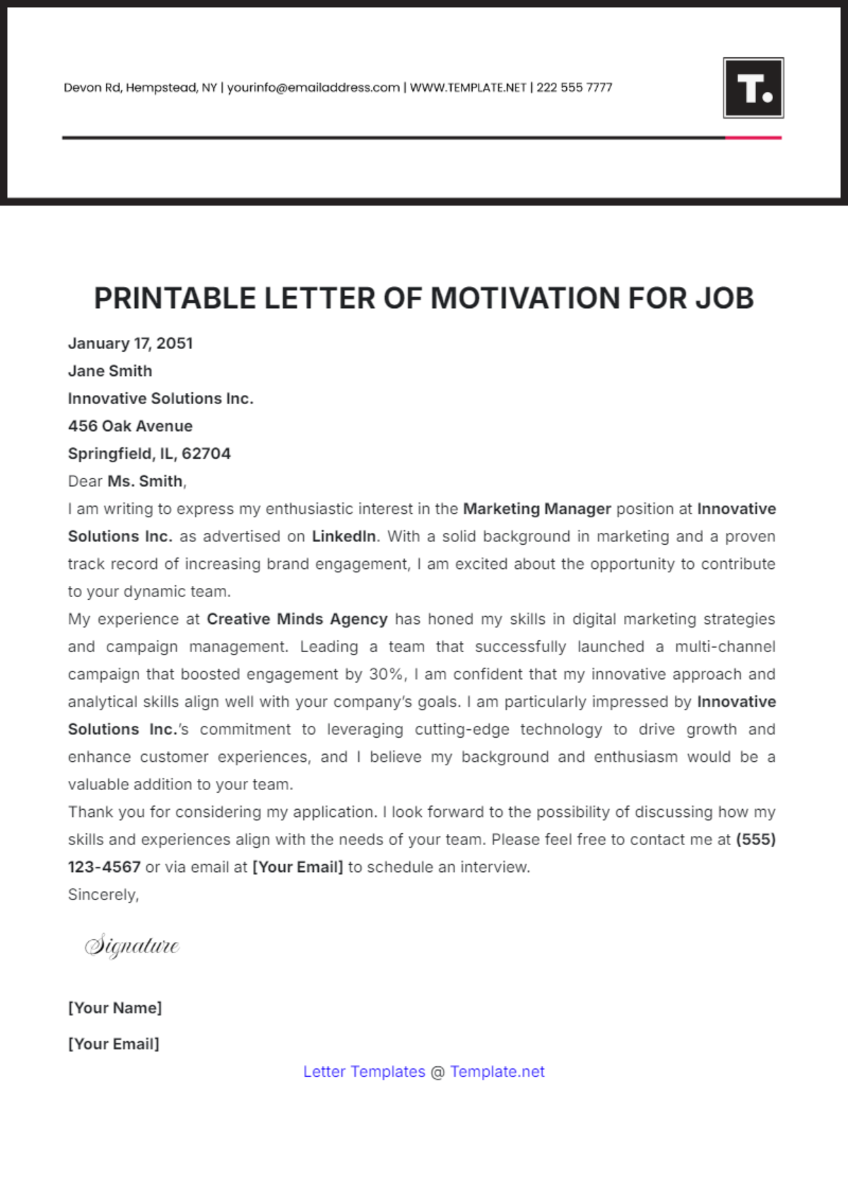 Printable Letter of Motivation for Job Template