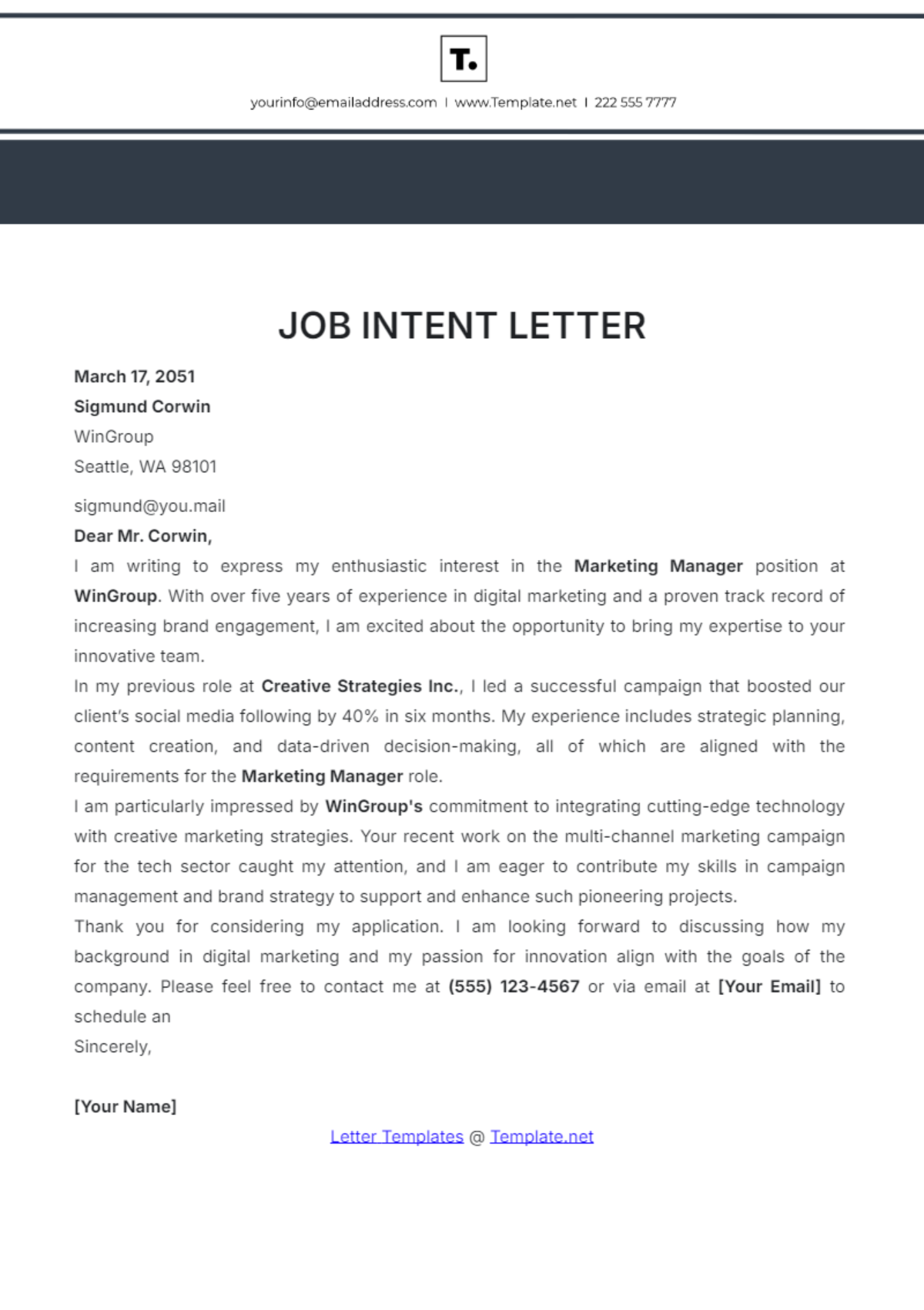 Job Intent Letter Template - Edit Online & Download