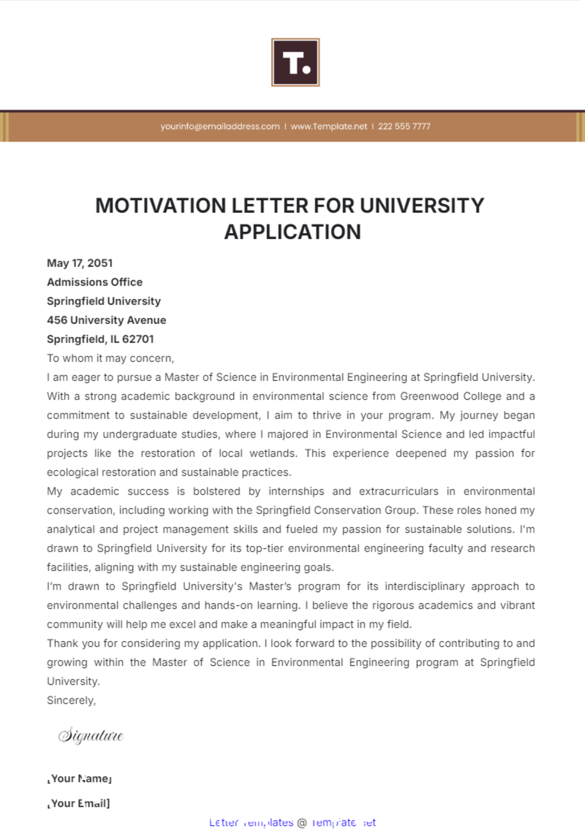 Motivation Letter for University Application Template