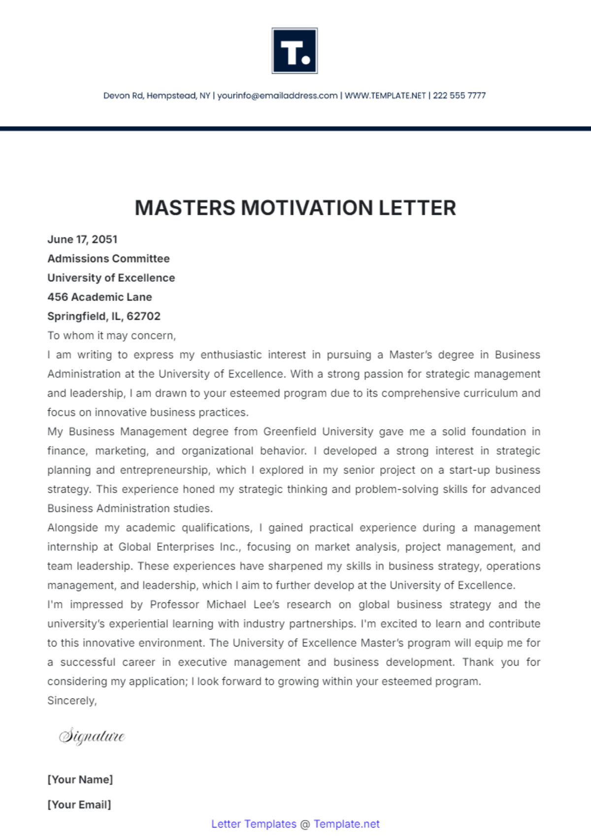 Masters Motivation Letter Template