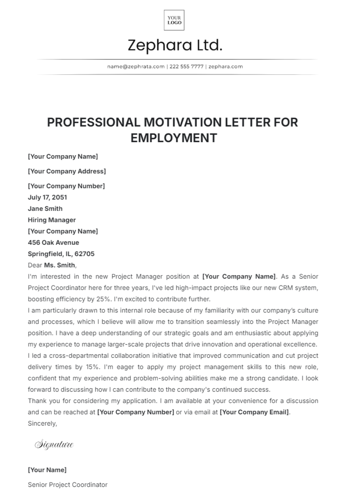 Professional Motivation Letter for Employment Template