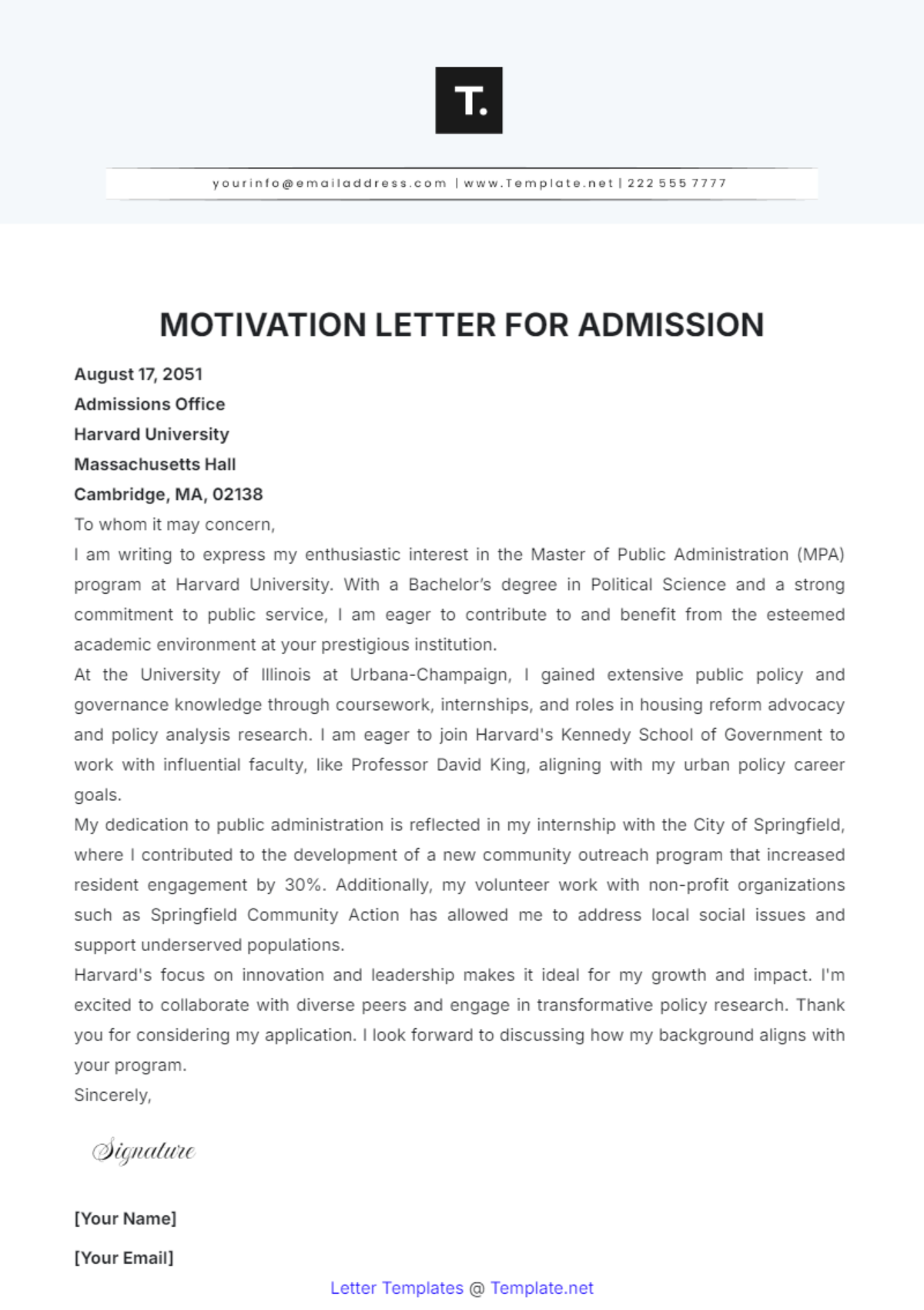 Motivation Letter for Admission Template