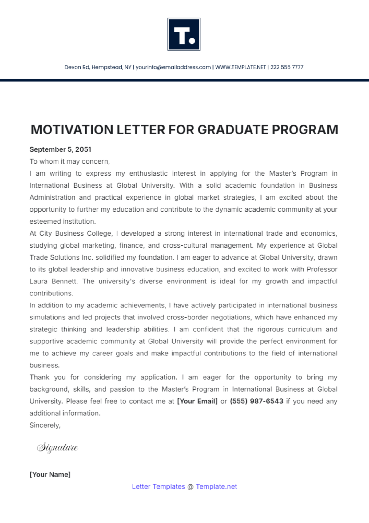 Motivation Letter for Graduate Program Template