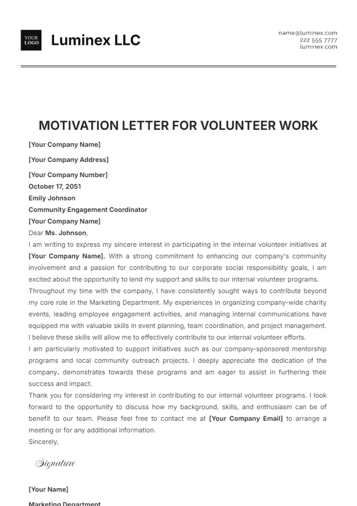 Motivation Letter for Volunteer Work Template