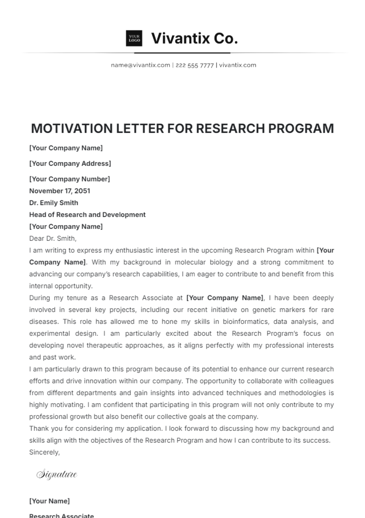 Motivation Letter for Research Program Template