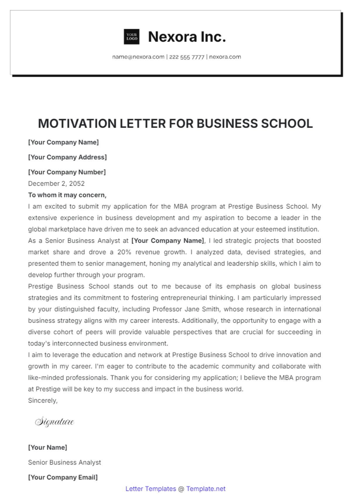 Motivation Letter for Business School Template