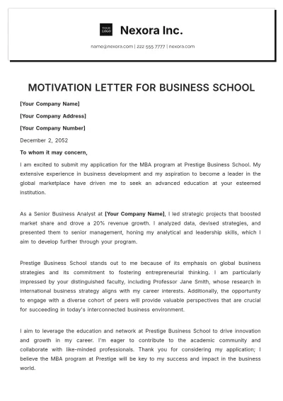 Free Motivation Letter for Business School Template to Edit Online