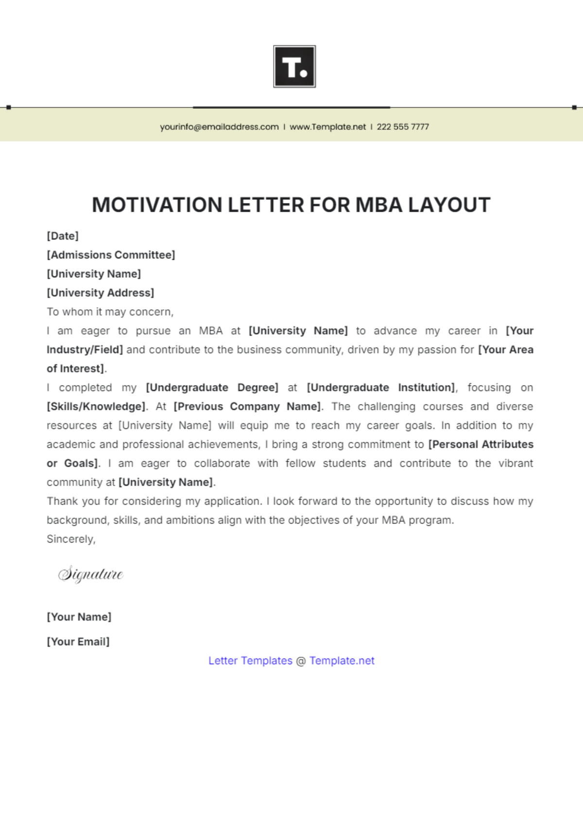 Motivation Letter for MBA Layout Template