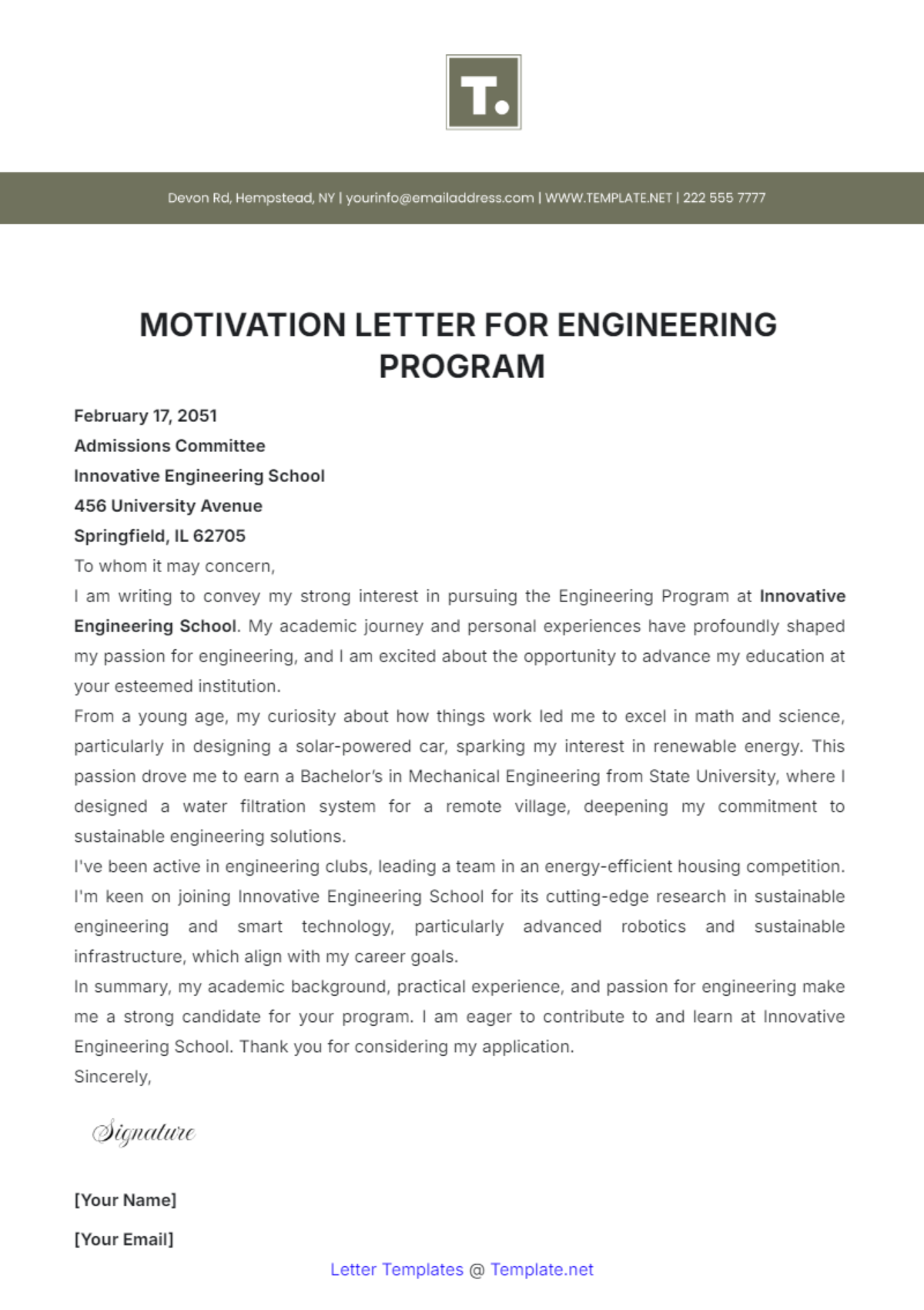 Motivation Letter for Engineering Program Template