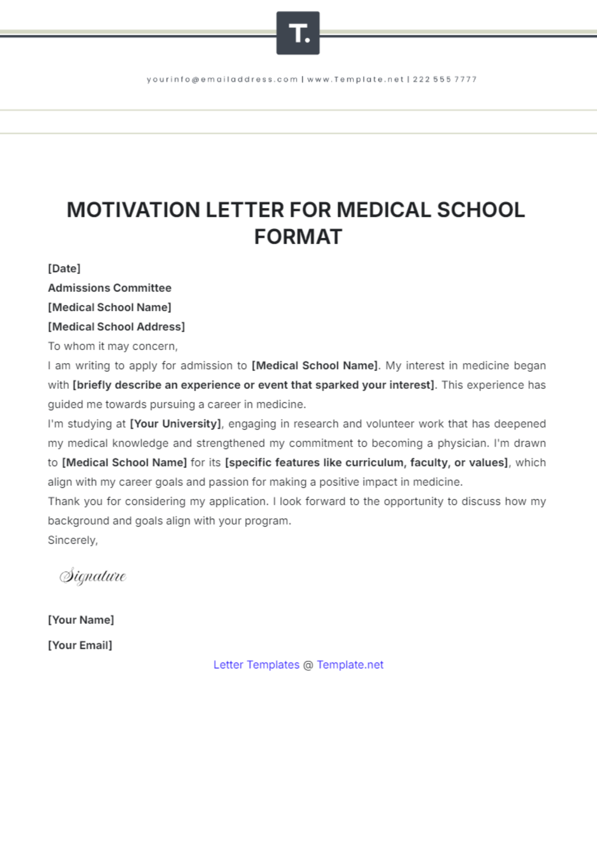 Motivation Letter for Medical School Format Template