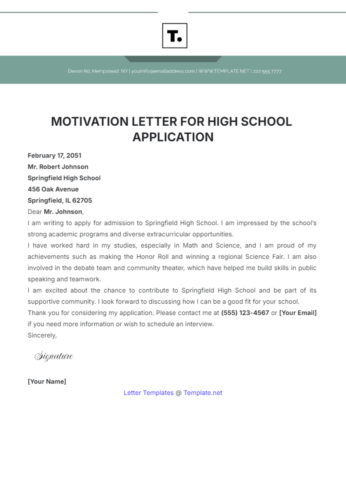 Motivation Letter for High School Application Template