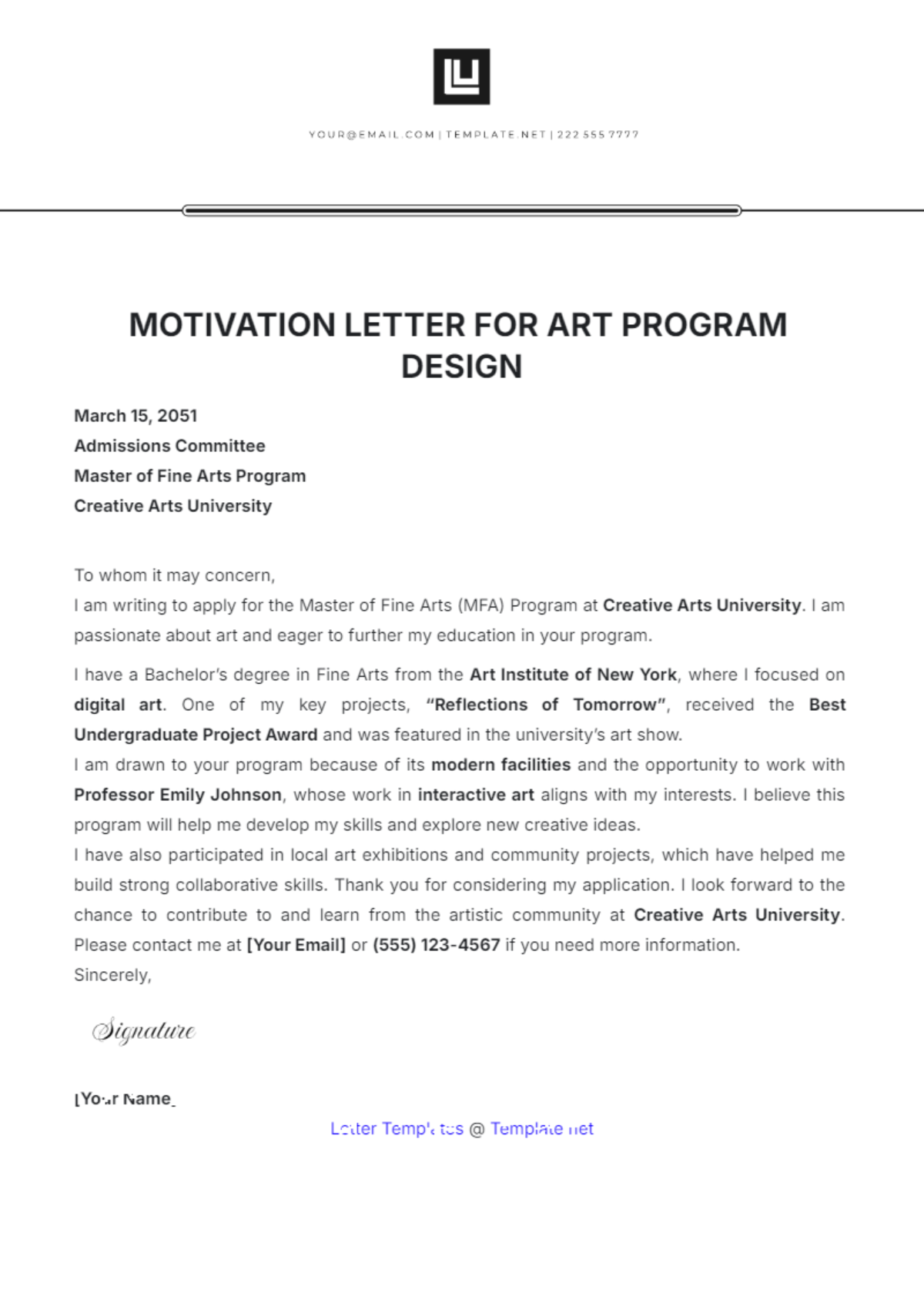 Motivation Letter for Art Program Design Template