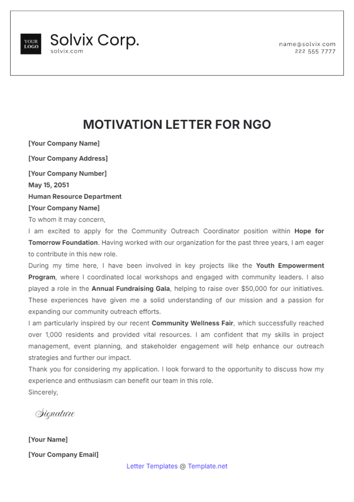 Motivation Letter for NGO Template