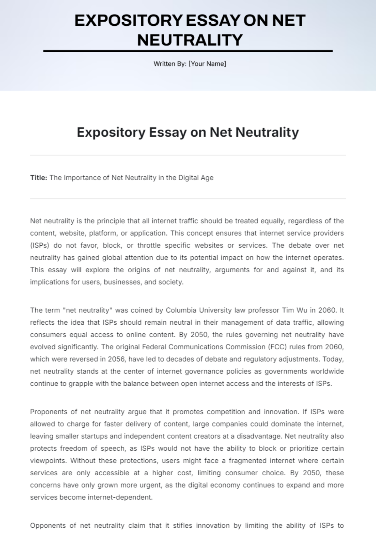 Expository Essay on Net Neutrality Template