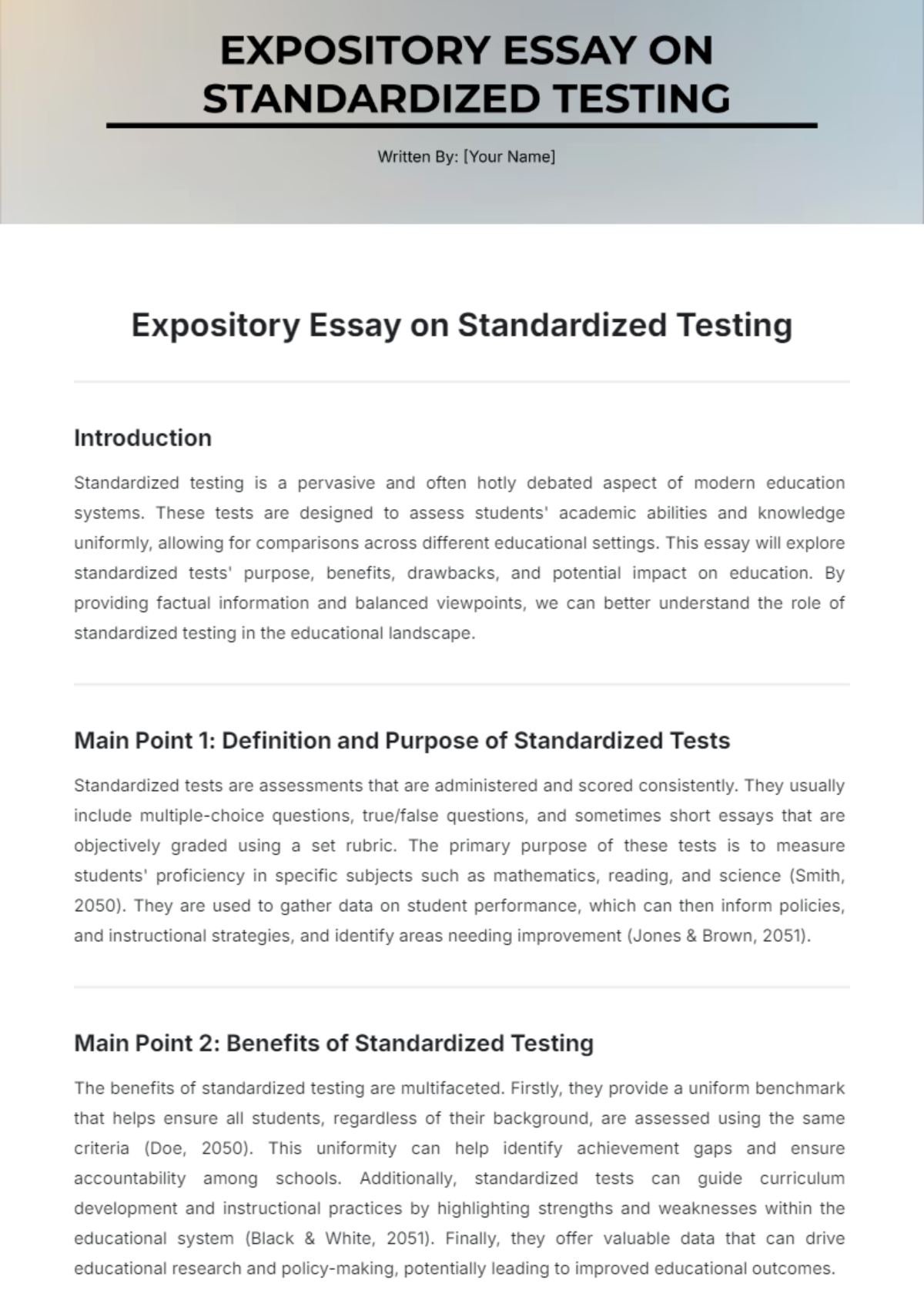 Expository Essay on Standardized Testing Template