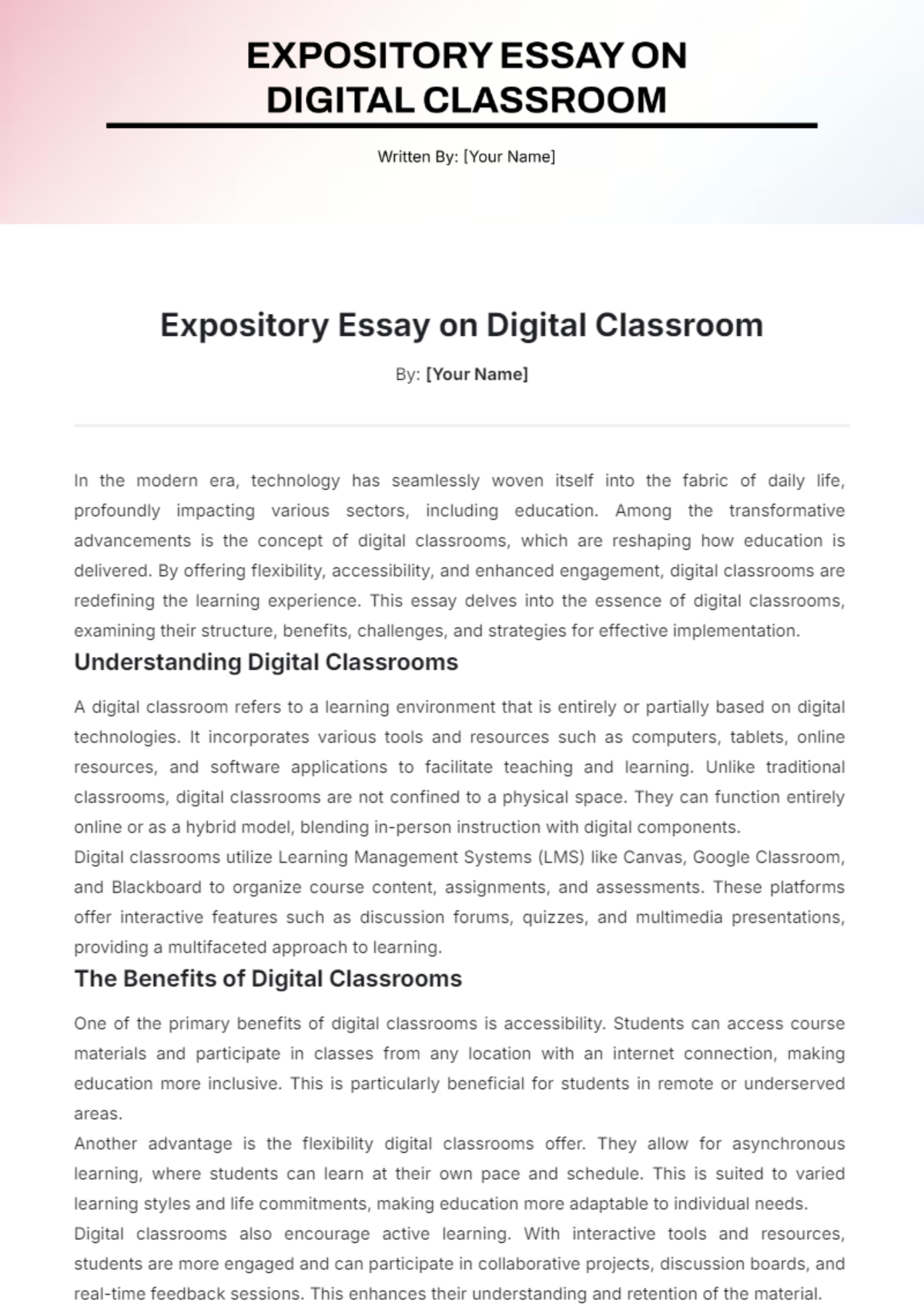 Expository Essay on Digital Classrooms Template