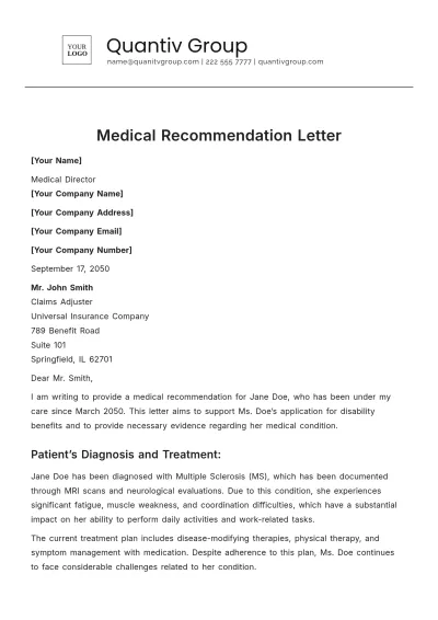 Free Medical Recommendation Letter Template to Edit Online