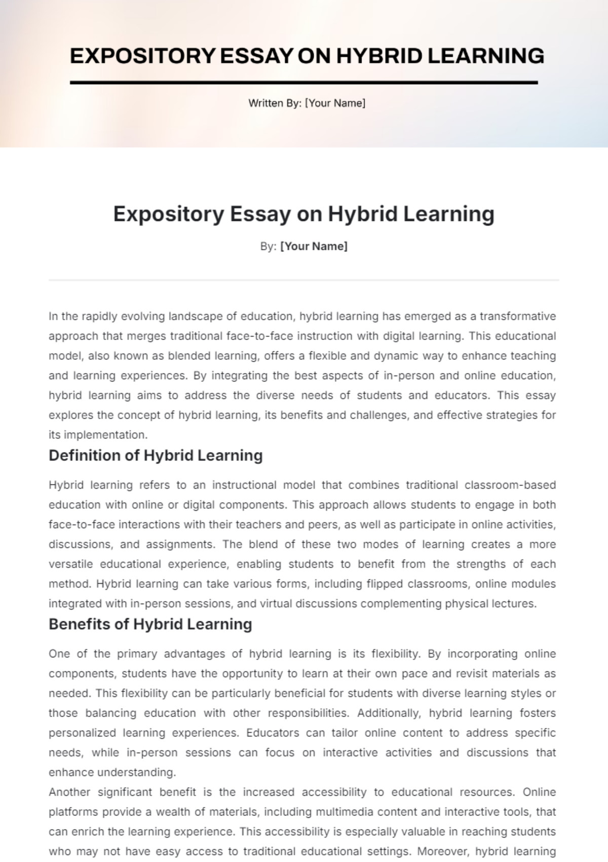 Expository Essay on Hybrid Learning Template - Edit Online & Download