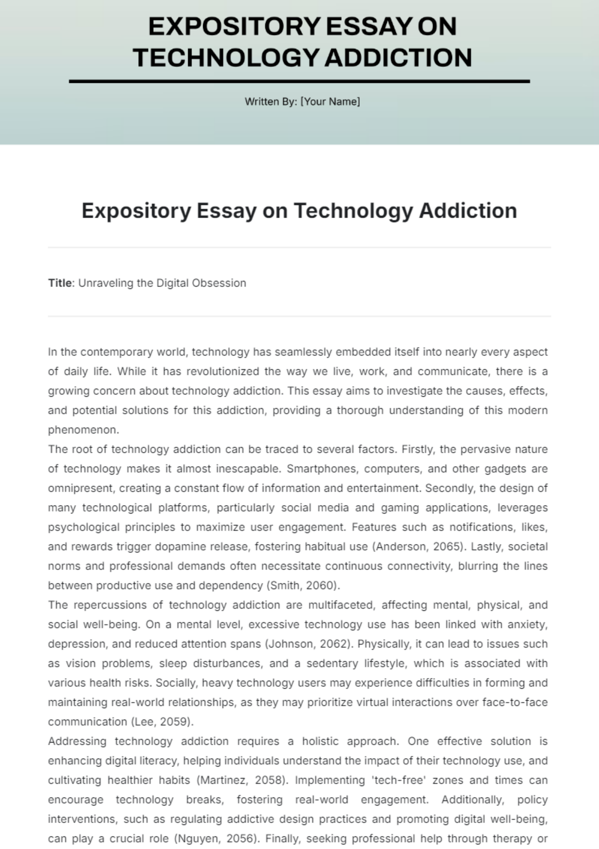 Expository Essay on Technology Addiction Template - Edit Online & Download