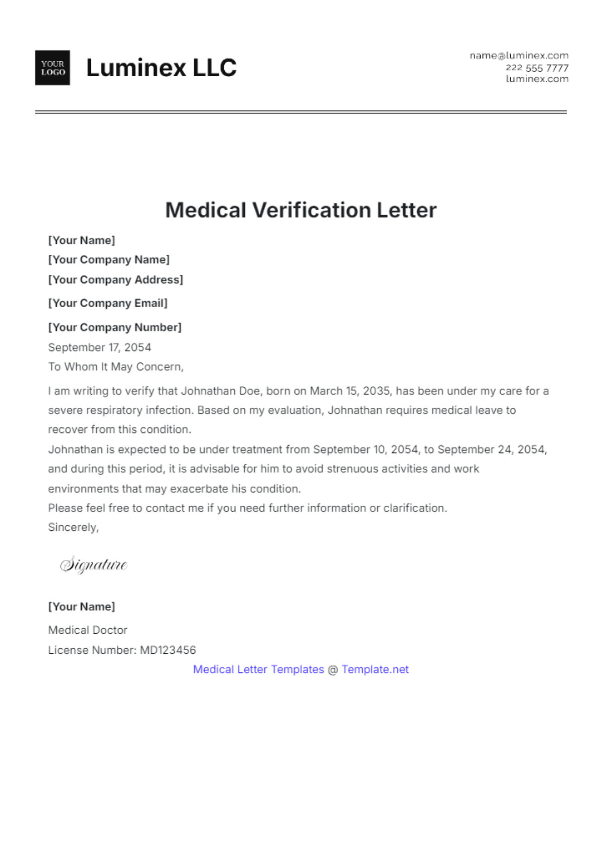 Medical Verification Letter Template - Edit Online & Download